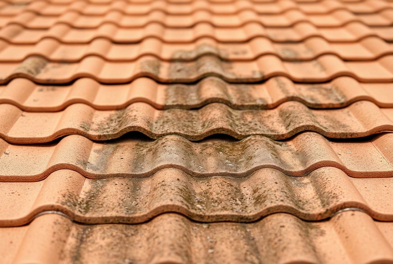 Tile roof with algae staining being cleaned